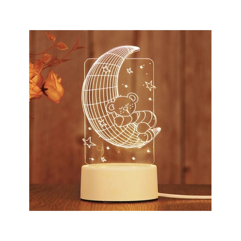 3D akrila galda lampa, Mēness ar lācīti, silti balts GEEKEO