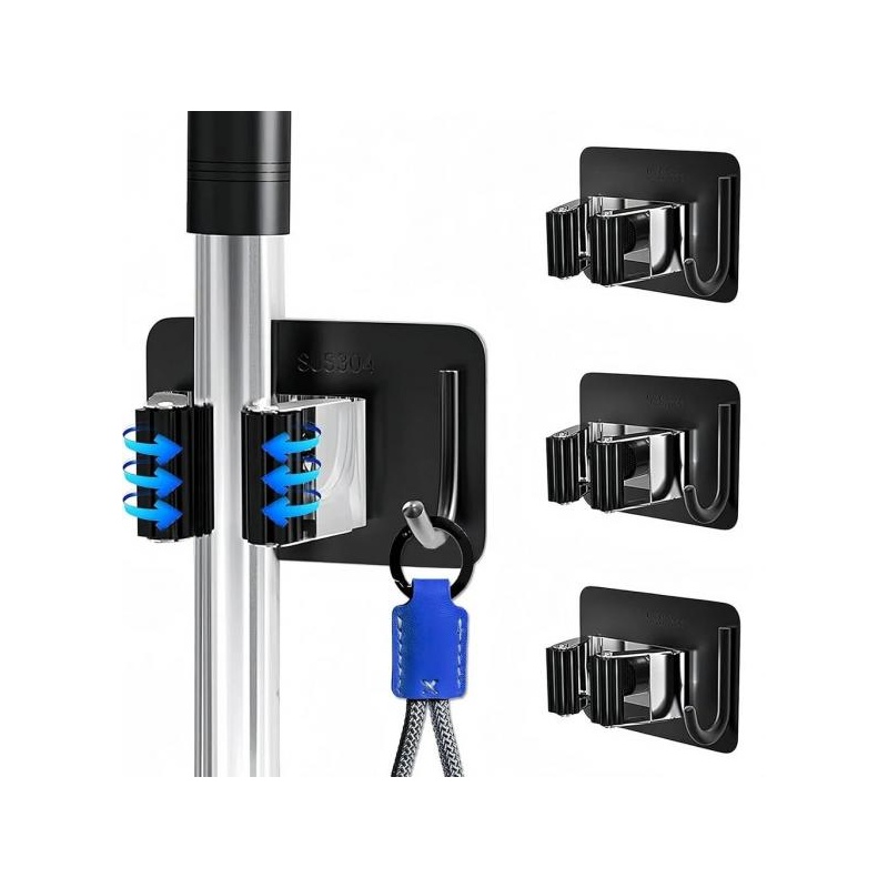 QMAHA Broom Mop Holder Self Adhesive, 4 Pcs Stainless Steel Mop Holder Wall Mounted with Hooks