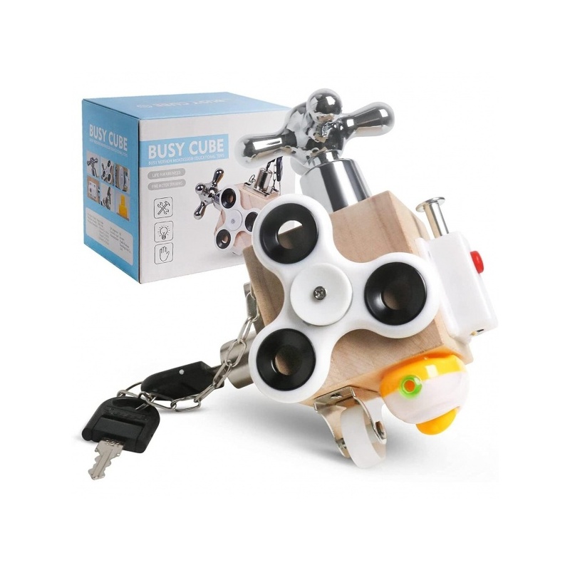 Busy Cube puinen opettava sensorikuutio lapsille, 7-in-1