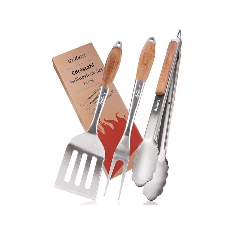 Grilluxe® grillausvälinesarja, lihahaarukka + lasta + pihdit, 3 kpl.