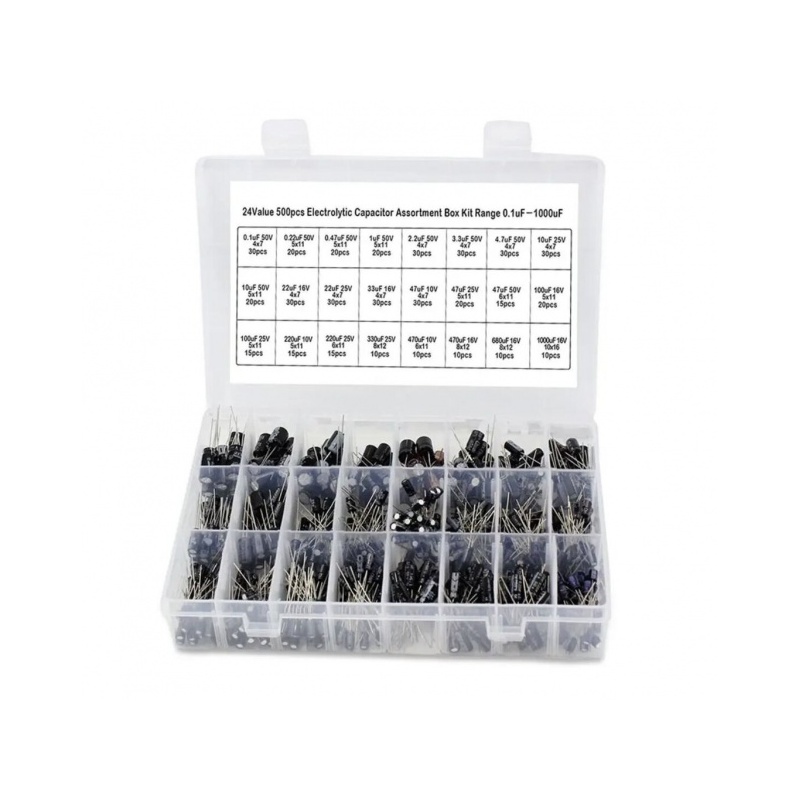 Sarja elektrolyyttikondensaattoreita 0,1-1000uF, 500 kpl.