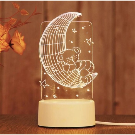 3D akrila galda lampa, Mēness ar lācīti, silti balts GEEKEO