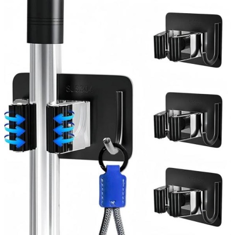 QMAHA Broom Mop Holder Self Adhesive, 4 Pcs Stainless Steel Mop Holder Wall Mounted with Hooks