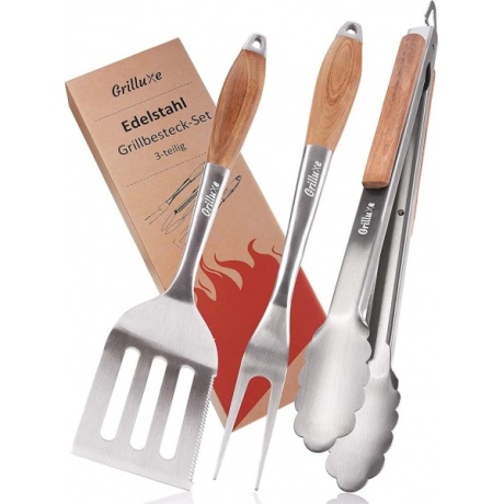 Grilluxe® grillausvälinesarja, lihahaarukka + lasta + pihdit, 3 kpl.